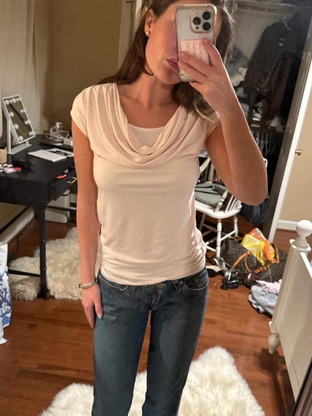 Cream pink cowl neck top